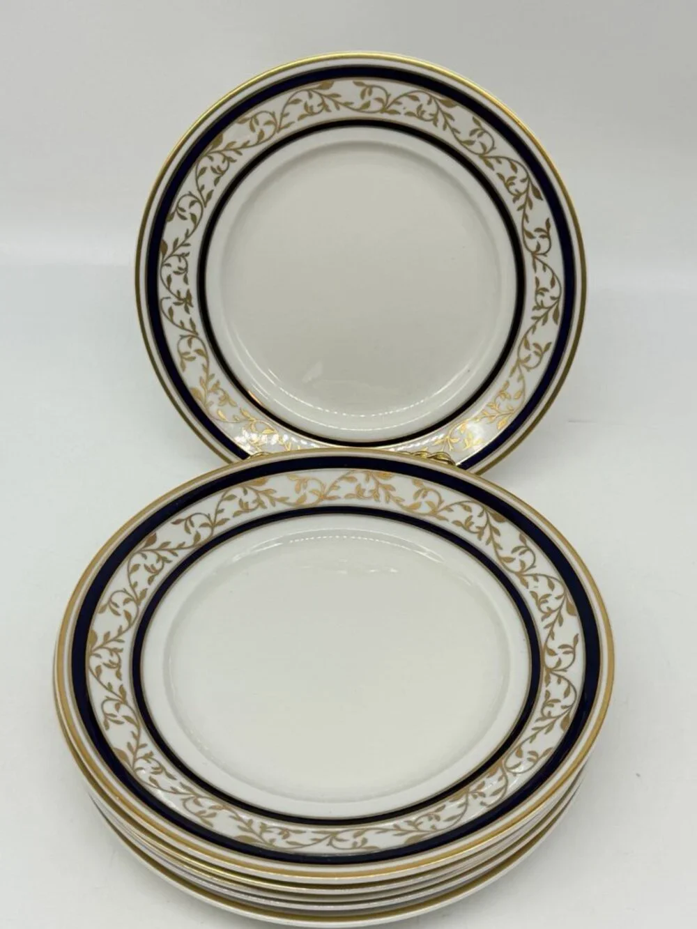 Vintage German Reichenbach Cobalt 24k Gold Leaf & Vine Overlay Lunch Plates SEE